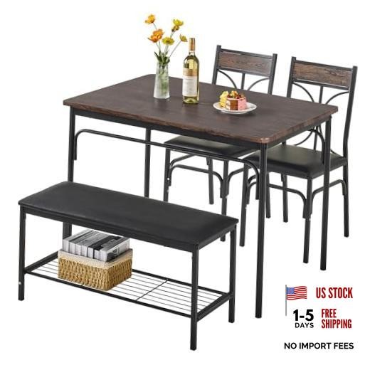 Kitchen Dining Table Set with Upholstered Bench & 2 seat for 4 Classic Brown