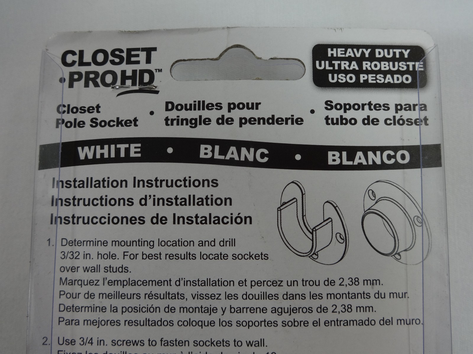 Pk 2 Heavy Duty Closet Pole Sockets White CD-0010-CH Round Wall-Mount Bracket