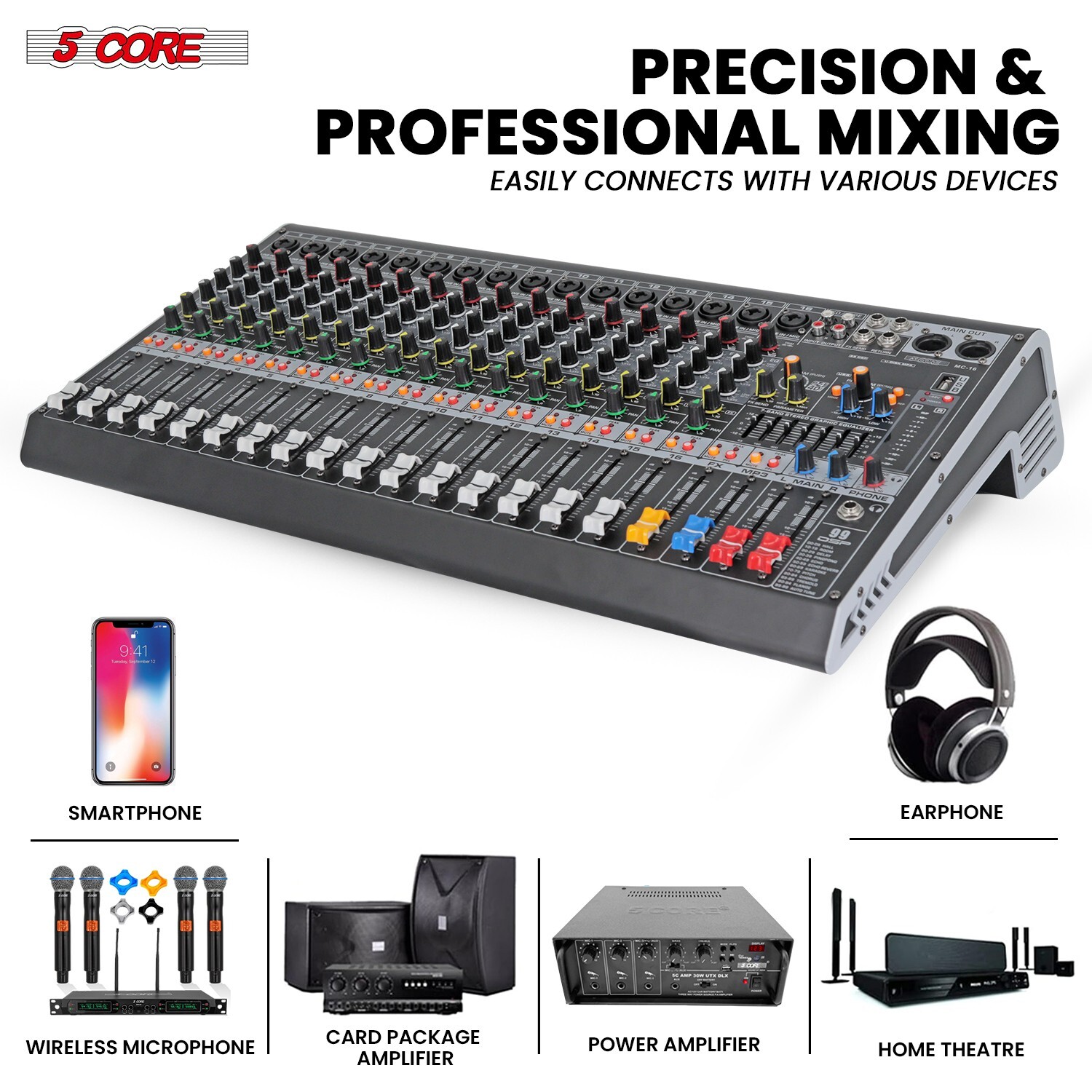 5Core Professional Audio Mixer 16 Channel DJ Mixing Board Bluetooth USB Analog