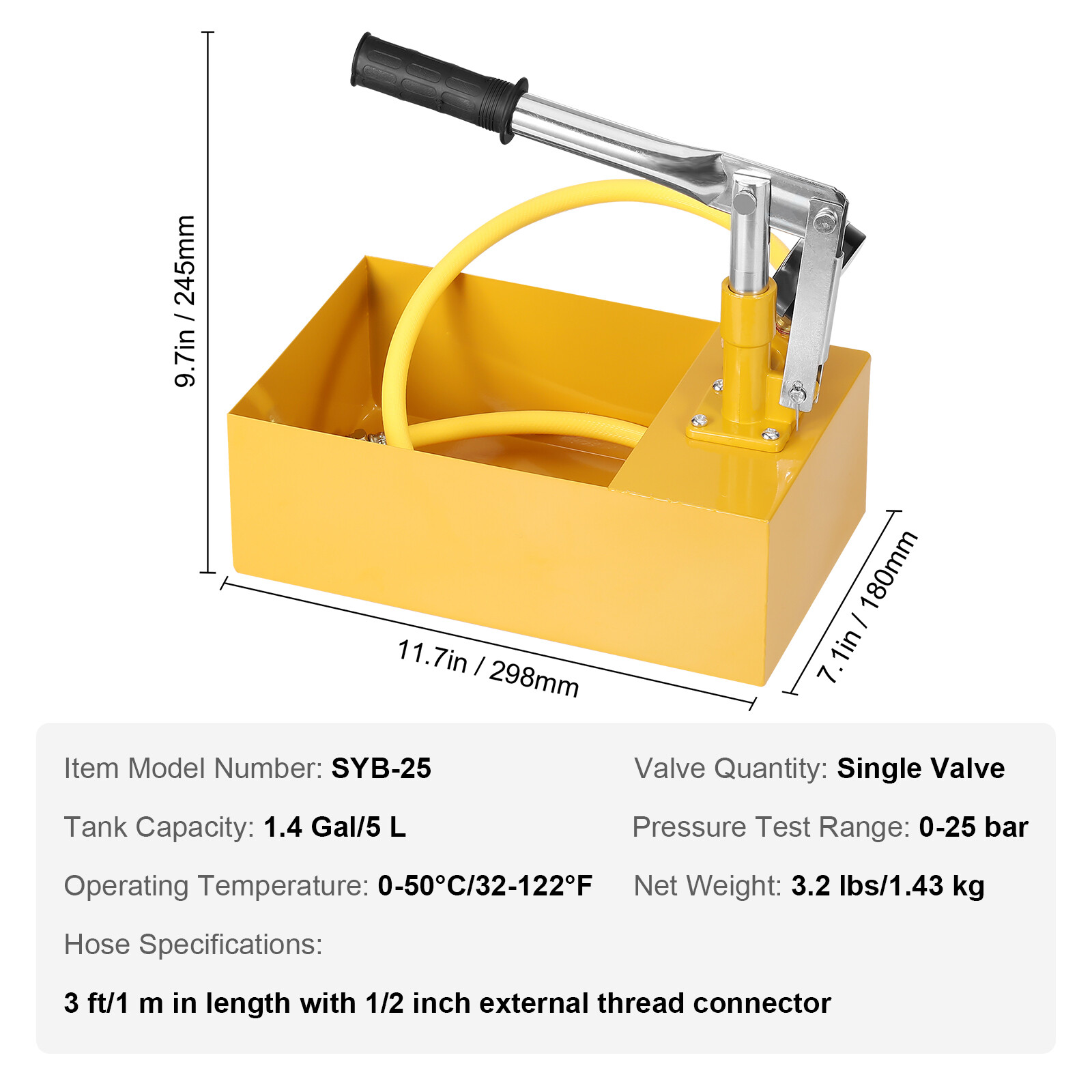VEVOR Hydrostatic Pressure Test Pump Hydraulic Manual 25bar/362PSI Single Valve