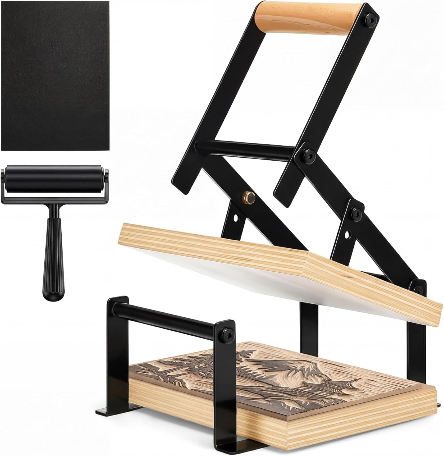 Linocut Hand Lever Press Machine with Rollers & Felt Pads for Printmaking A5
