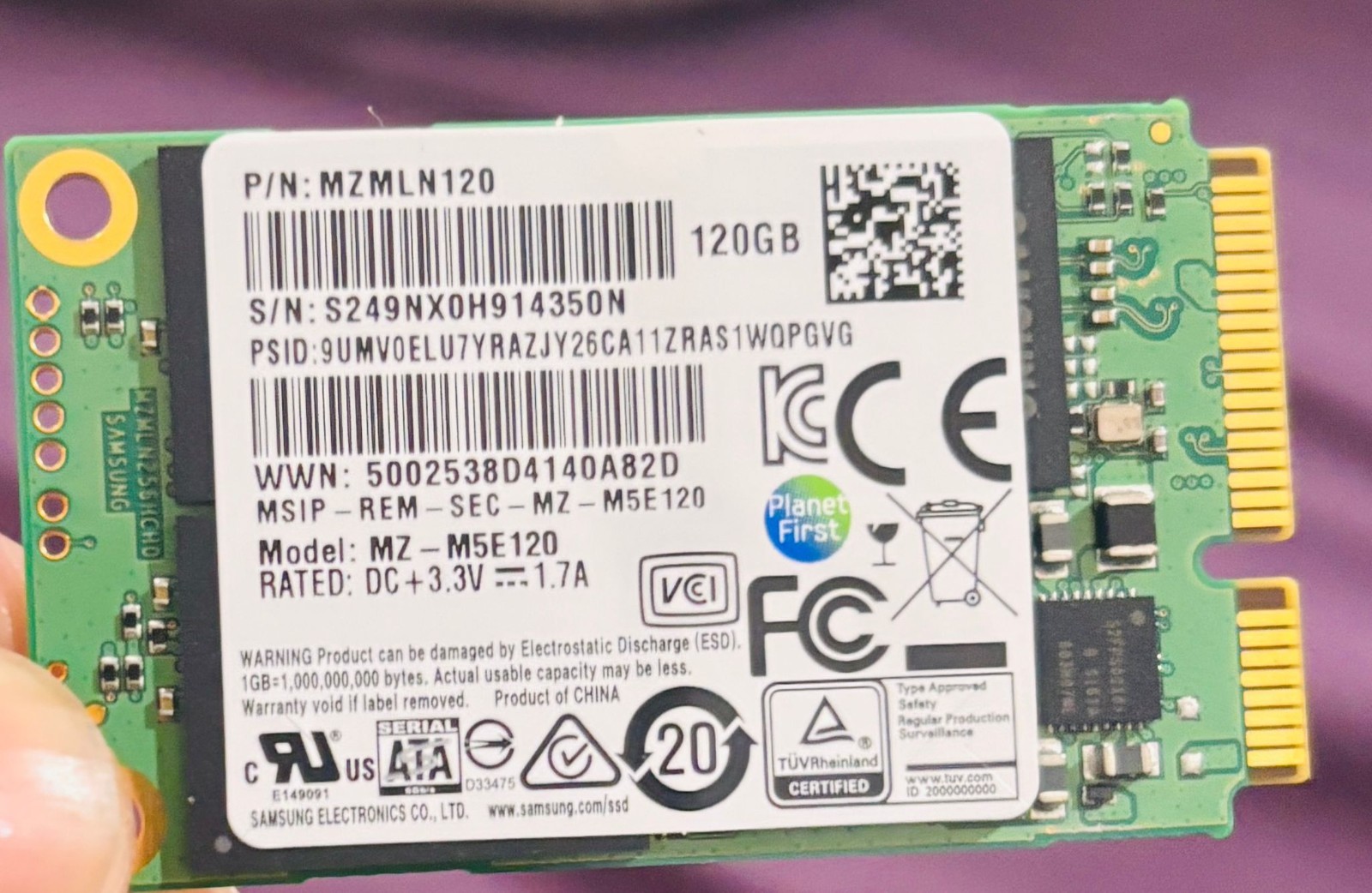 Samsung MZ-M5E120 - 120GB 6Gb/s mSATA Mini PCI-E 1.8" Solid State SSD MZMLN120