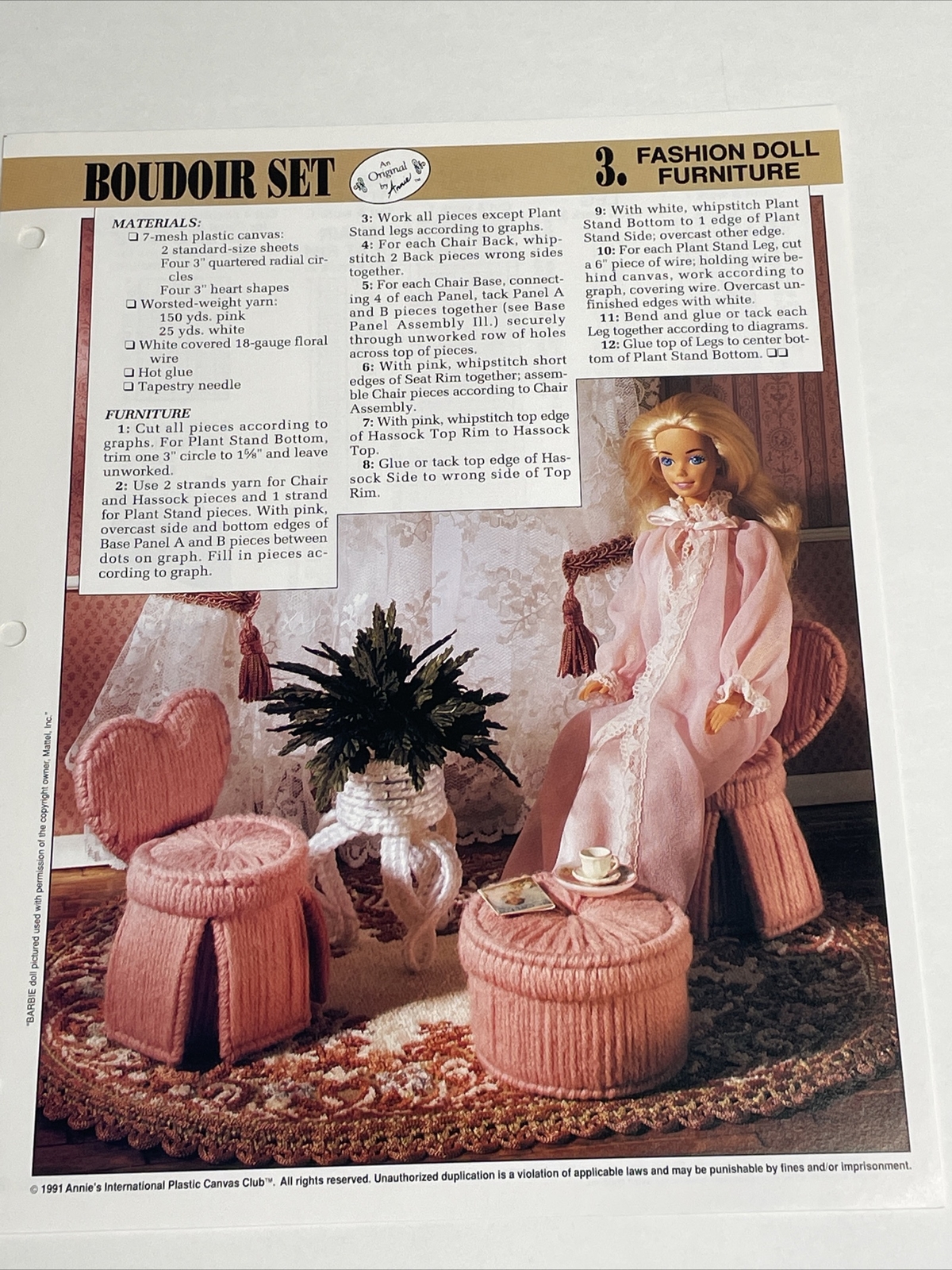 Boudoir Set Chair Hassock Fashion Doll Furniture Annie's Plastic Canvas Pattern