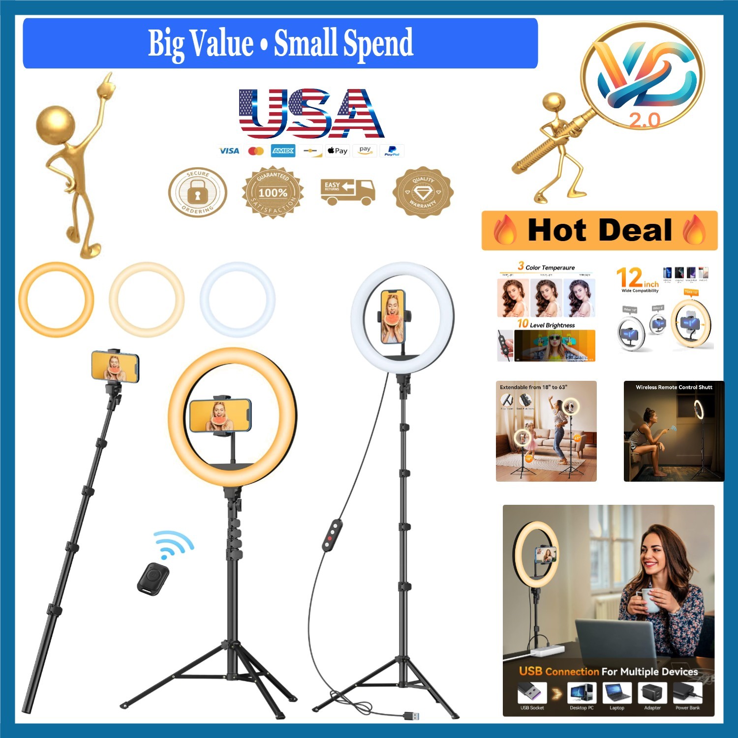 12" Ring Light with 63" Tripod Stand Selfie Remote for Makeup, Live Stream
