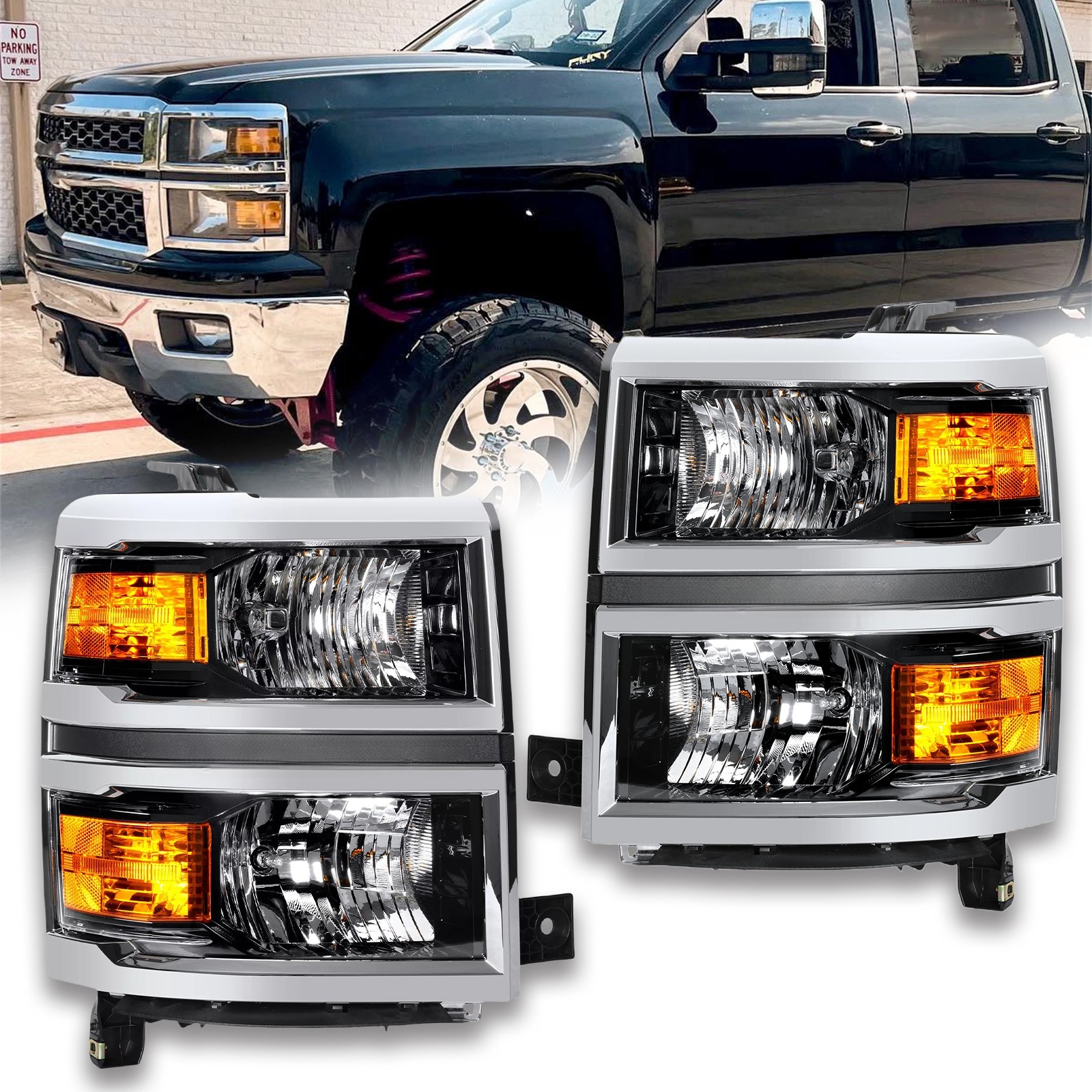 For 2014-2015 Chevy Silverado 1500 Pickup Pair Headlights Headlamps LH&RH Black