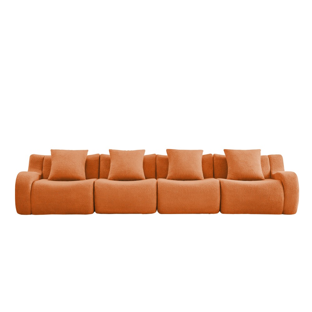 4-Seat Teddy Fabric Sofa, No Assembly Required w/ Curved Armrests, Orange