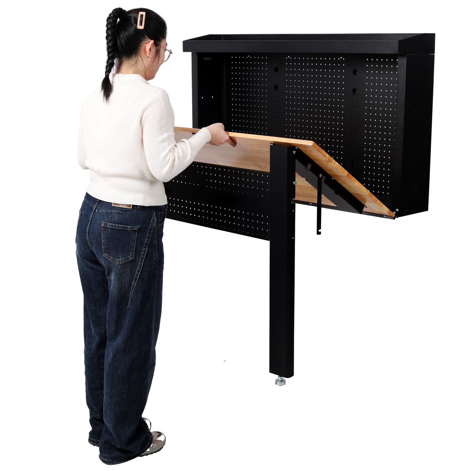 Wall Mounted Foldable Workbench with Rubberwood Work Surface Pegboard for Tools