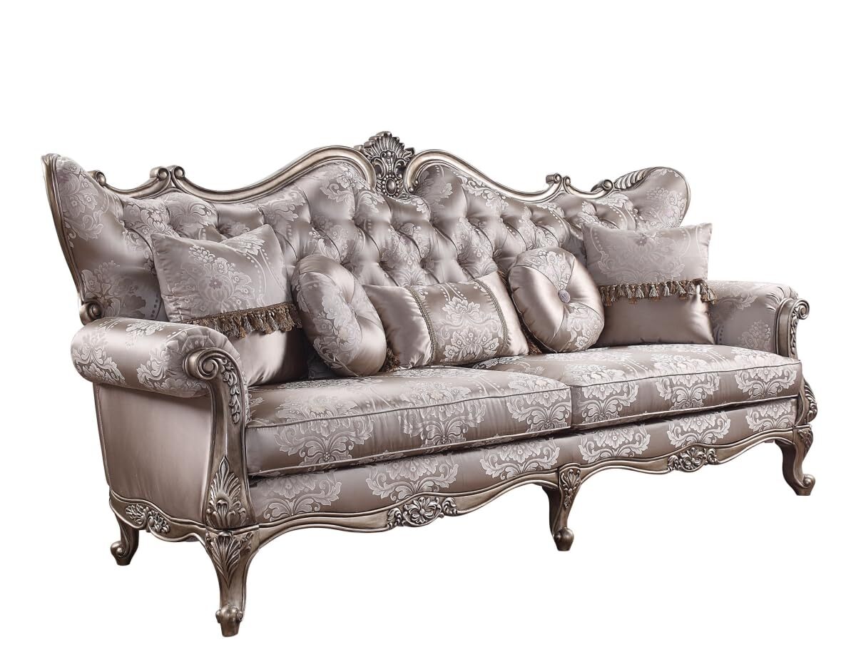 94 Dark Gray Imitation Silk Damask Sofa And Toss Pillows With Champagne Legs
