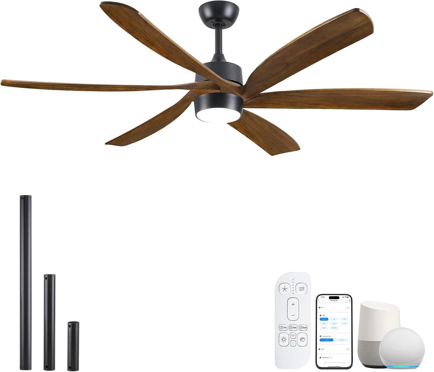 72 Inch Smart Outdoor Ceiling Fan with Lights, 6 Solid Wood Walnut Blades | Alex