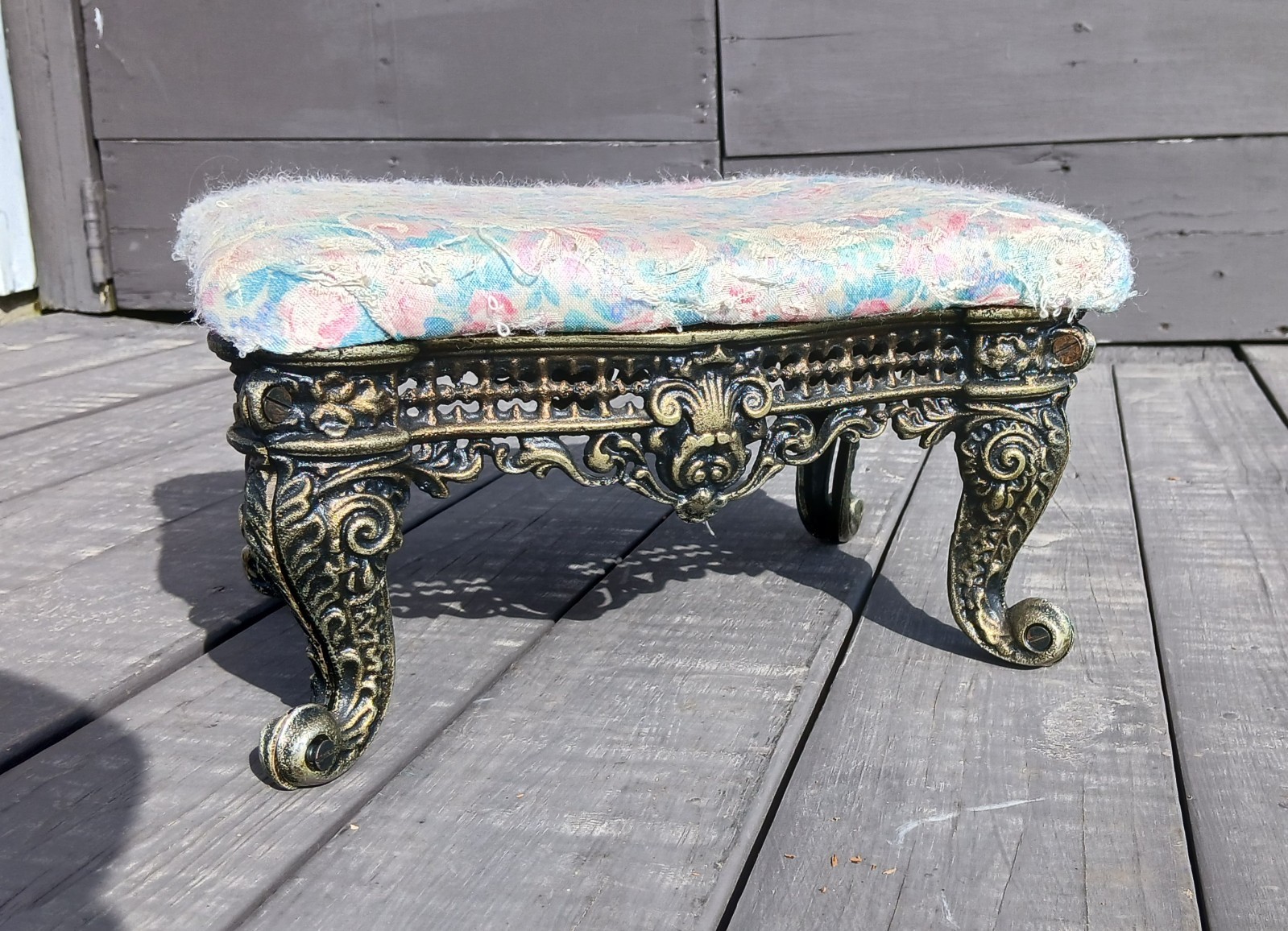Vintage Upholstered Victorian Foot Stool with Cast Iron Base