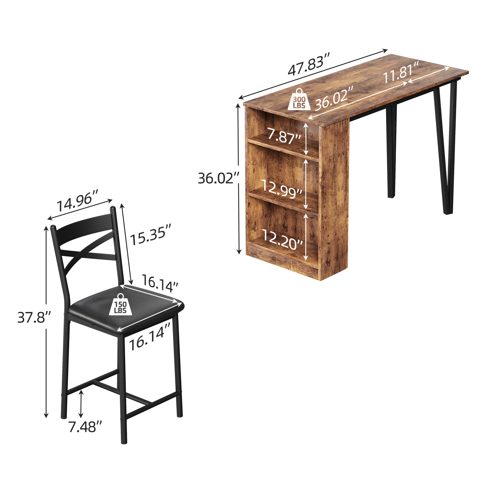 Dining Set Wood Top Table and 2 Upholstered Height Chairs Bar Stools for Kitchen