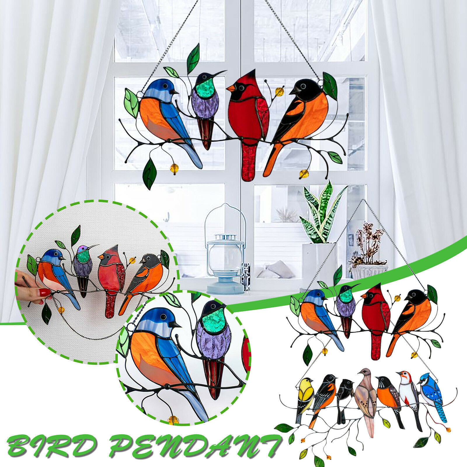 Multicolor Birds Suncatcher Stained Panel w/Chain for Glass Window Hanging Decor