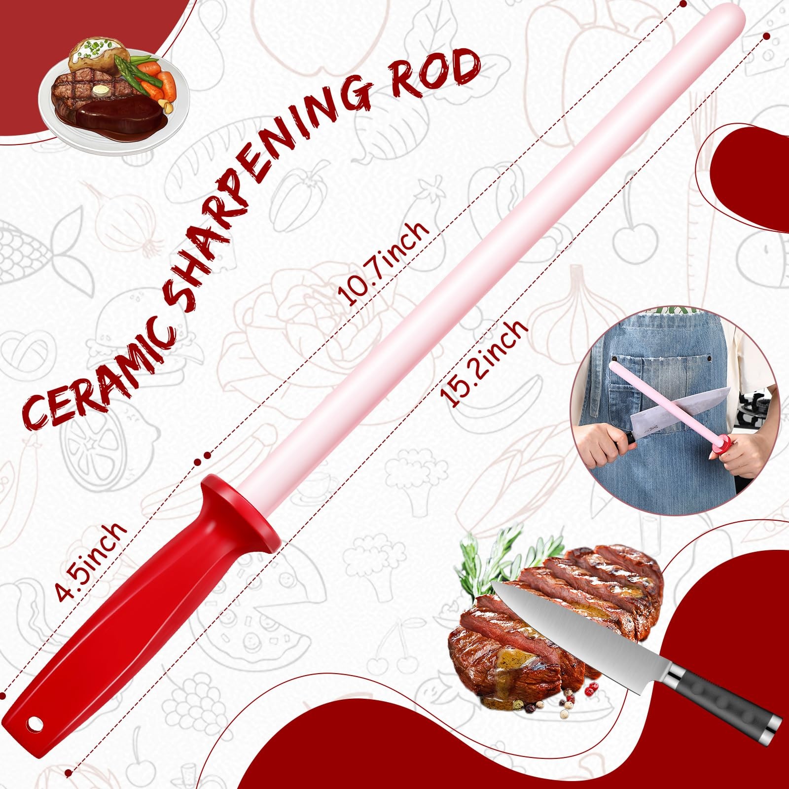 Ceramic Sharpening Rod, Lightweight Durable 11 Inch Honing Rod with