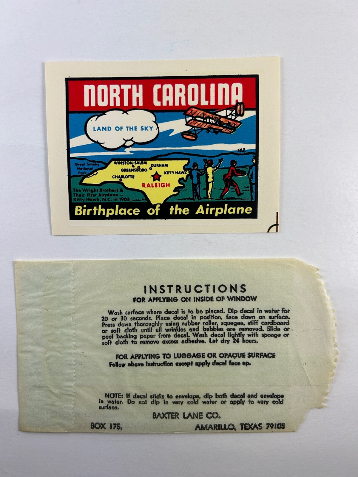 VINTAGE NORTH CAROLINA BIRTHPLACE OF THE AIRPLANE SOUVENIR TRAVEL DECAL WINDOW