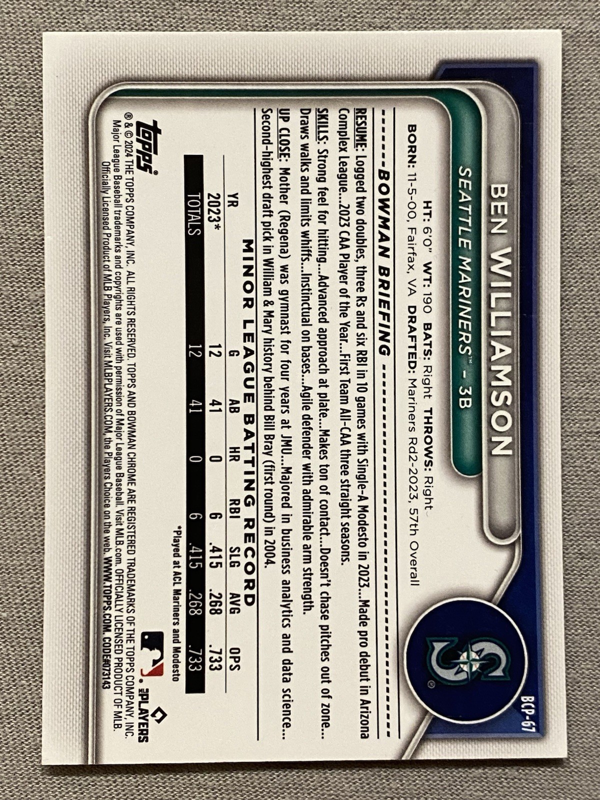 SEATTLE MARINERS BEN WILLIAMSON AUTOGRAPH 2024 BOWMAN CHROME DRAFT 1st BOWMAN