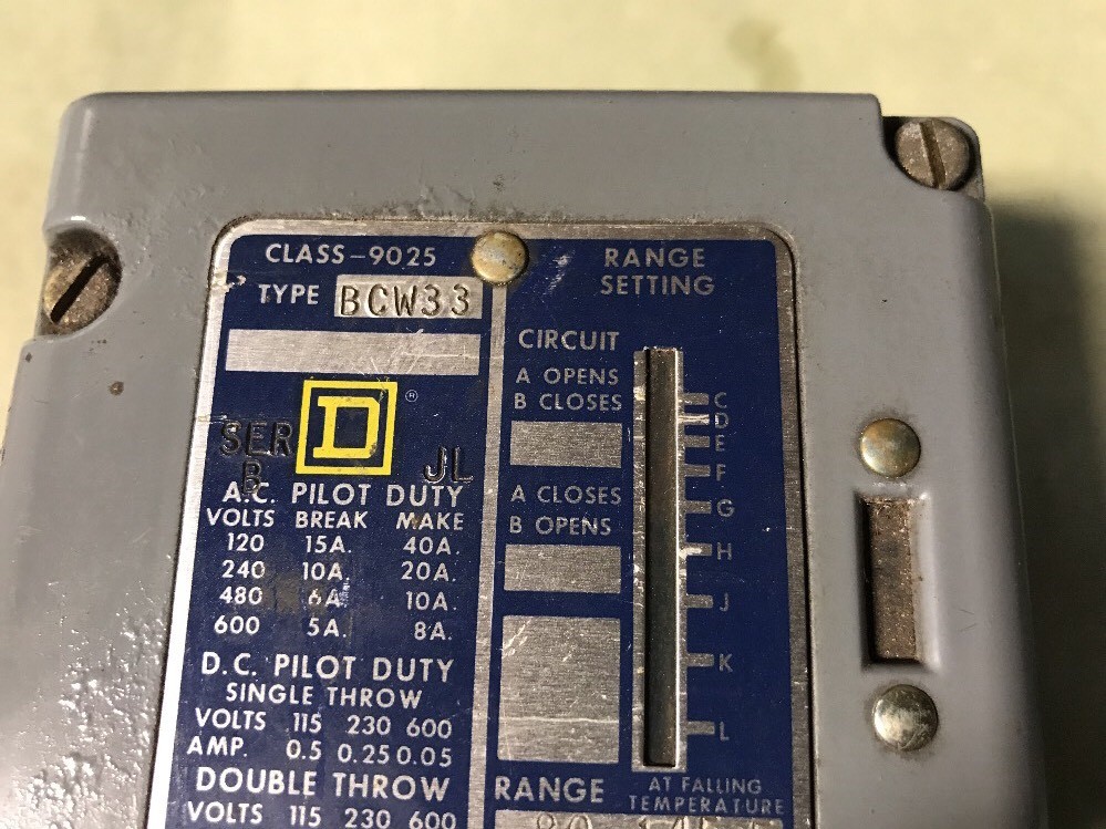 Square D 9025-BCW33 Temperature Control Switch 80-145 Degree Falling Temp 9025