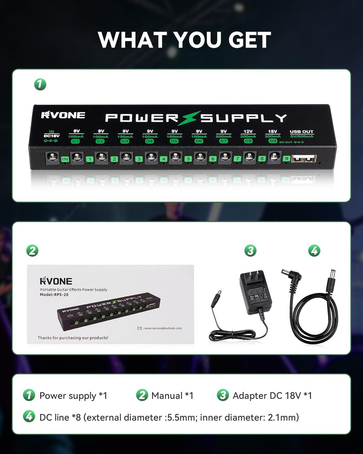 Guitar Pedal Power Supply, 10 Isolated DC Outputs for 9V/12V/18V Effects