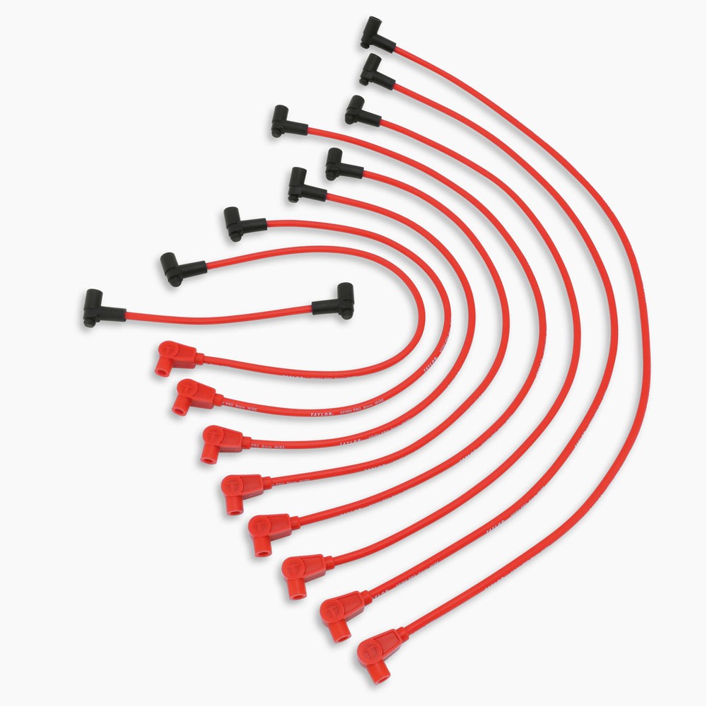 Taylor Spark Plug Wires 76230; Spiro Pro 8mm Red 90 deg HEI for SBC Under Header
