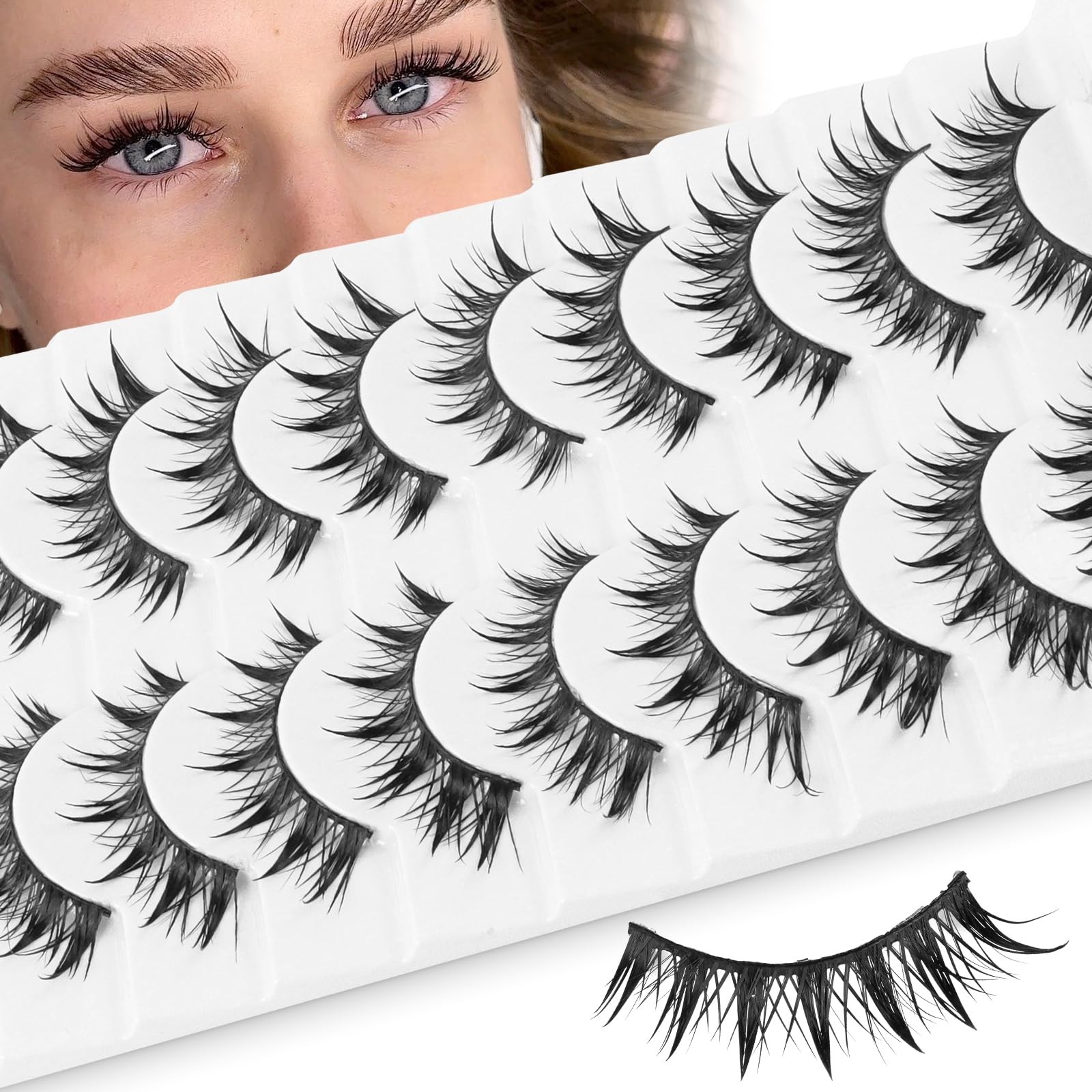 10 Pairs Thai Style Spiky Lashes Wet Look Long 10 pair (Pack of 1), Black