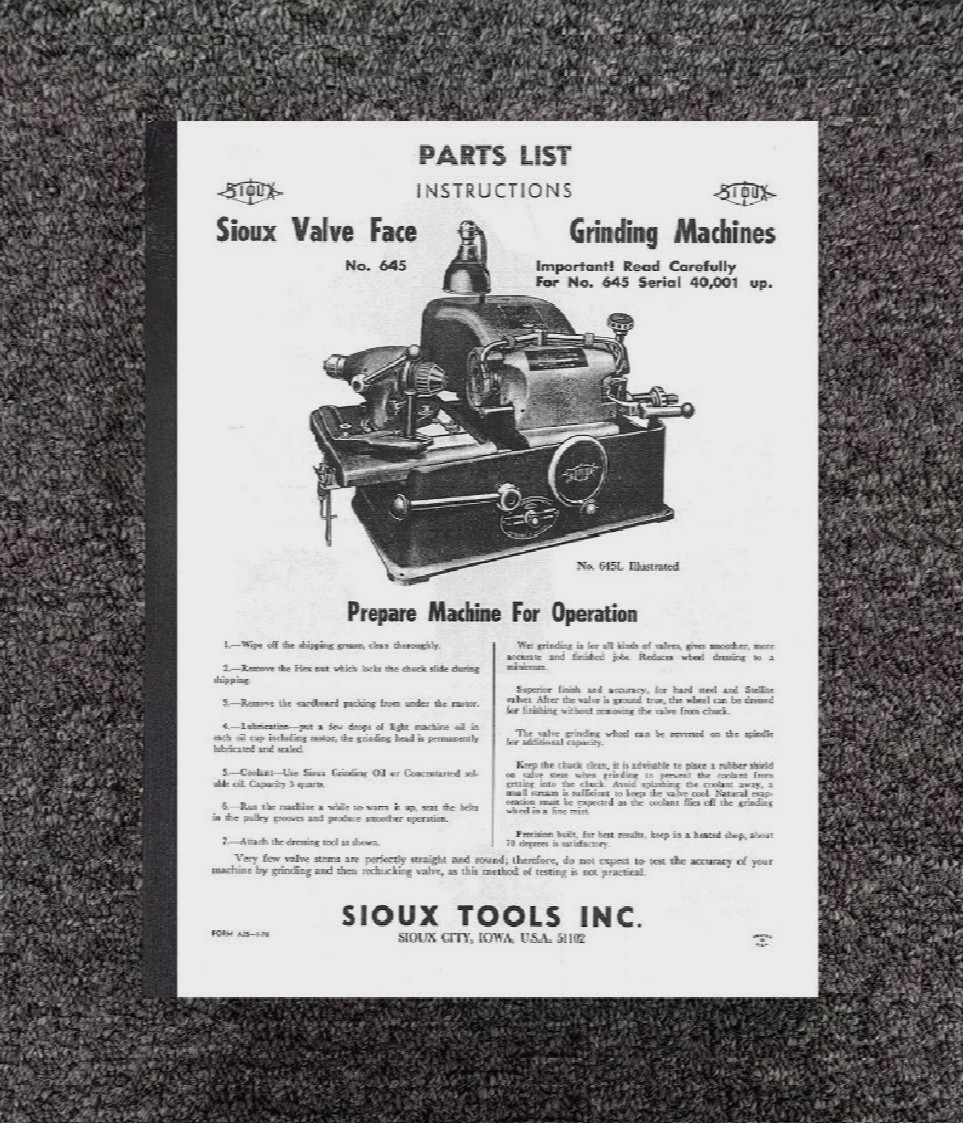 645 & 645L Models VALVE GRINDER Instruction & Parts List Manual Fits Sioux A25