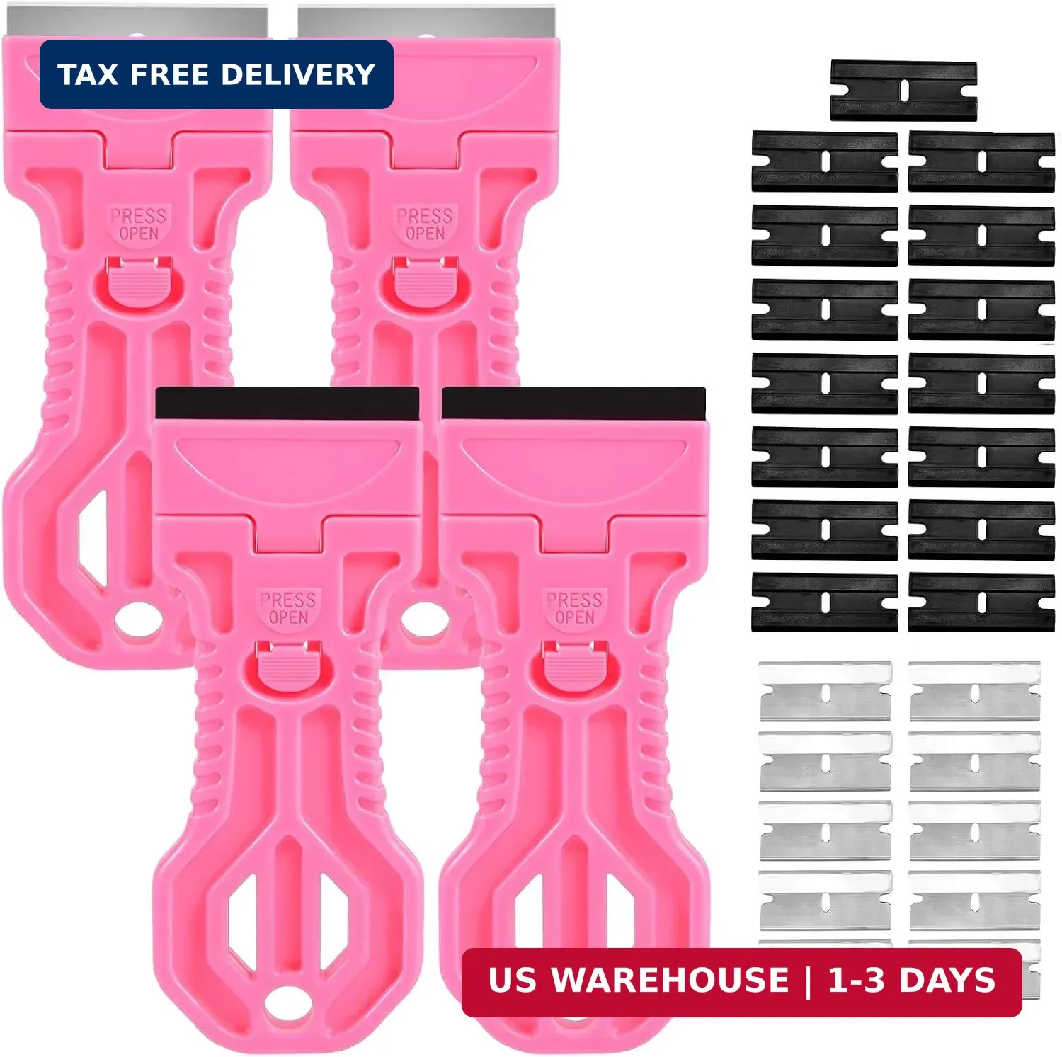 4 Pack Razor Blade Scraper, 25 Blades, Long Handle Scraper Tool (Pink)