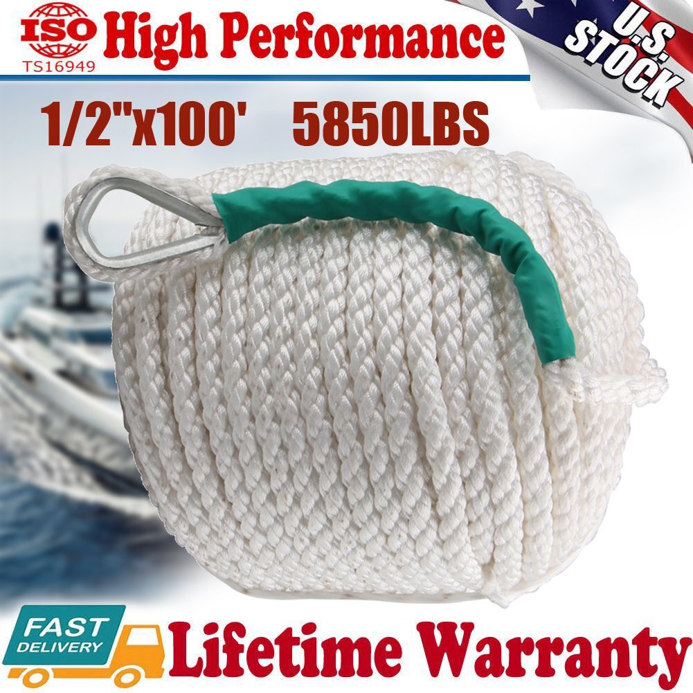 1/2"x100' Twisted Three Strand Nylon Anchor Rope Boat Dock Line Thimble 5850LBS