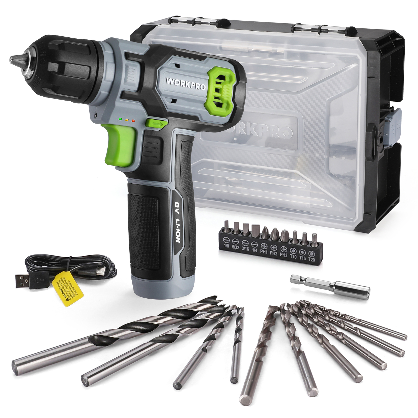 8V Cordless Power Drill Set&Stackable Tool Box w/3/8" Keyless Chuck