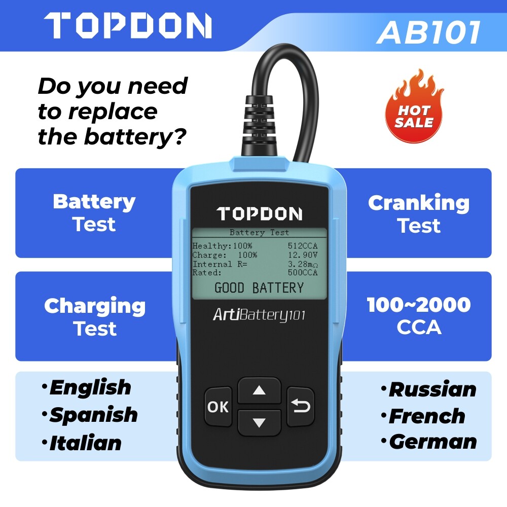 TOPDON AB101 Car Battery Tester 12V 100-2000CCA Lead-Acid Battery Valt