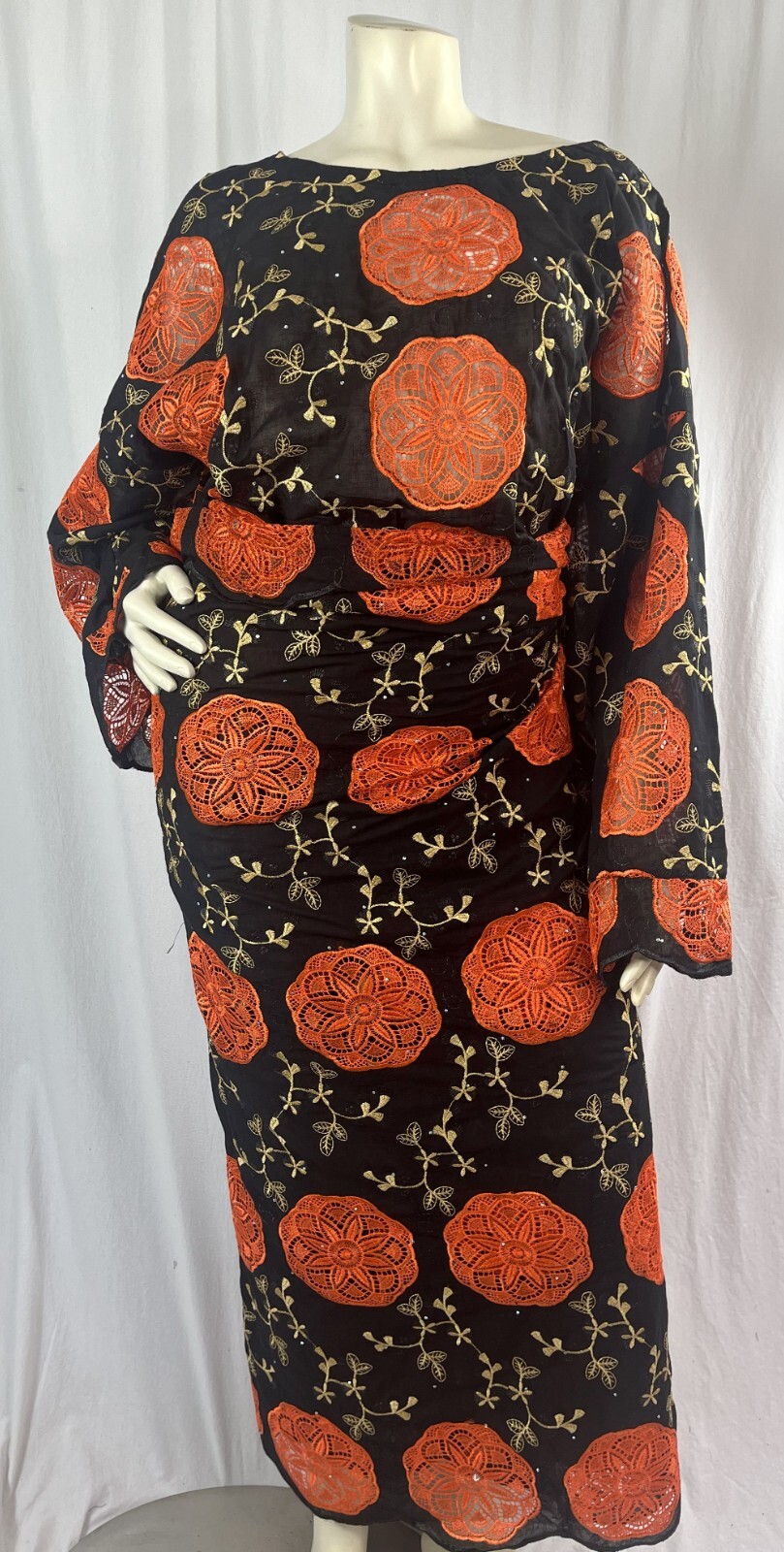 Voile Lace - Black & Orange Nigerian Iro Top  and Buba Wrapper African Party new