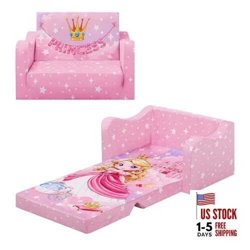 Comfy Kids Couch, 2-in-1 Folding Kids Sofa Bed for Toddler Princess Carriage