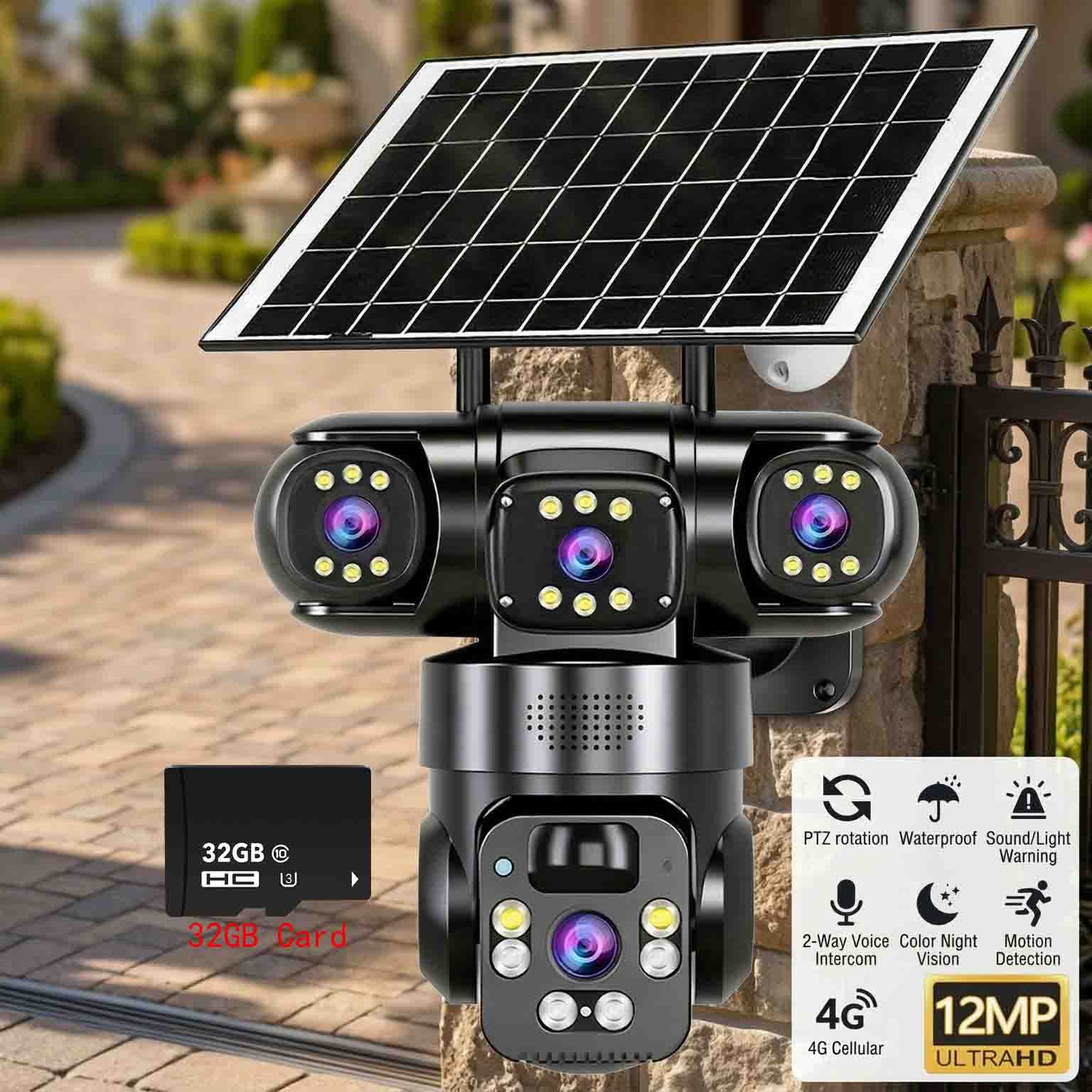 12MP 3 Lens Solar Battery Home Security Camera Outdoor Wifi Wireless PTZ CCTV U