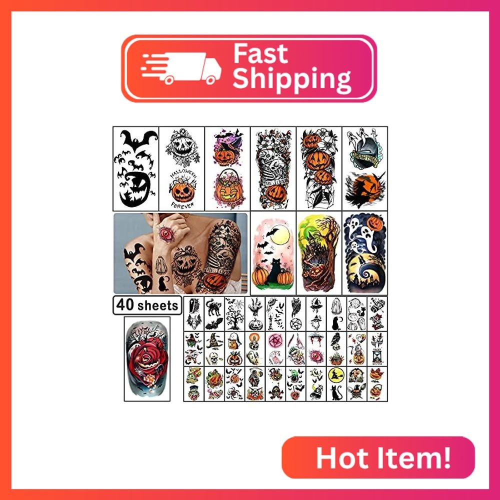 Yazhiji 40 Sheets Halloween Temporary Tattoos Pumpkin Witch Sugar Skull Tattoo F