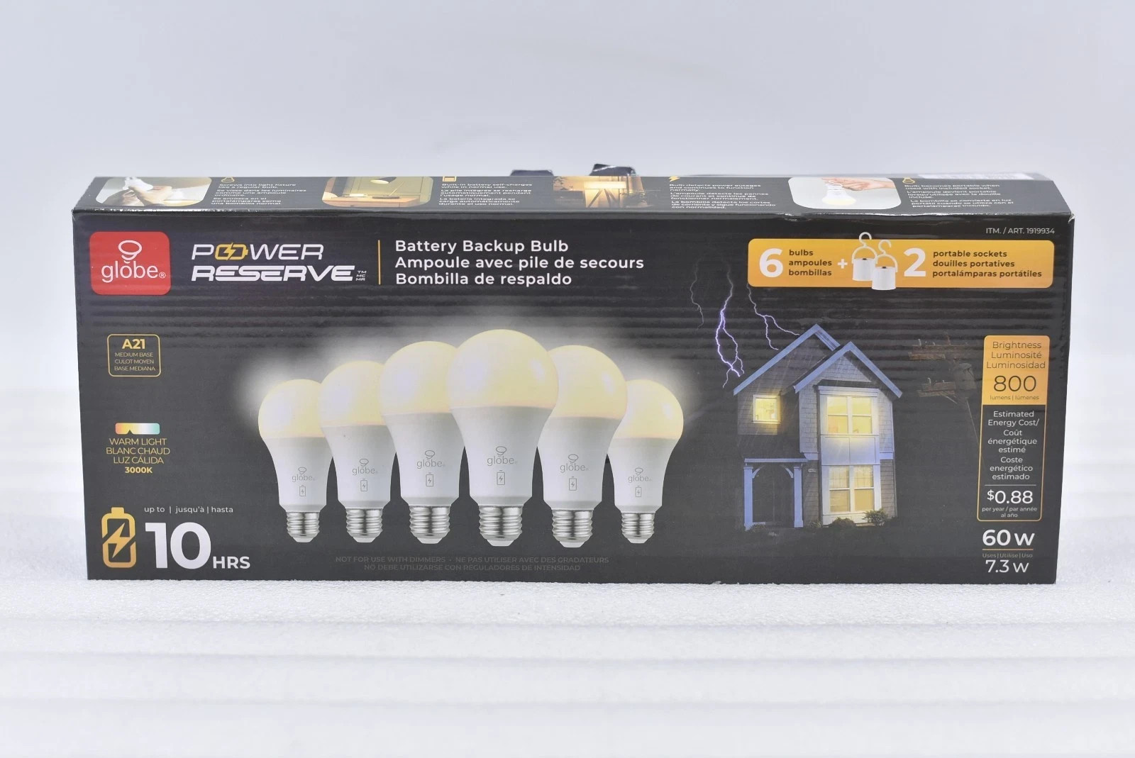 Globe Power Reserve A21 3000K 800lm 60W Battery Backup Bulb 6-Pack NEW