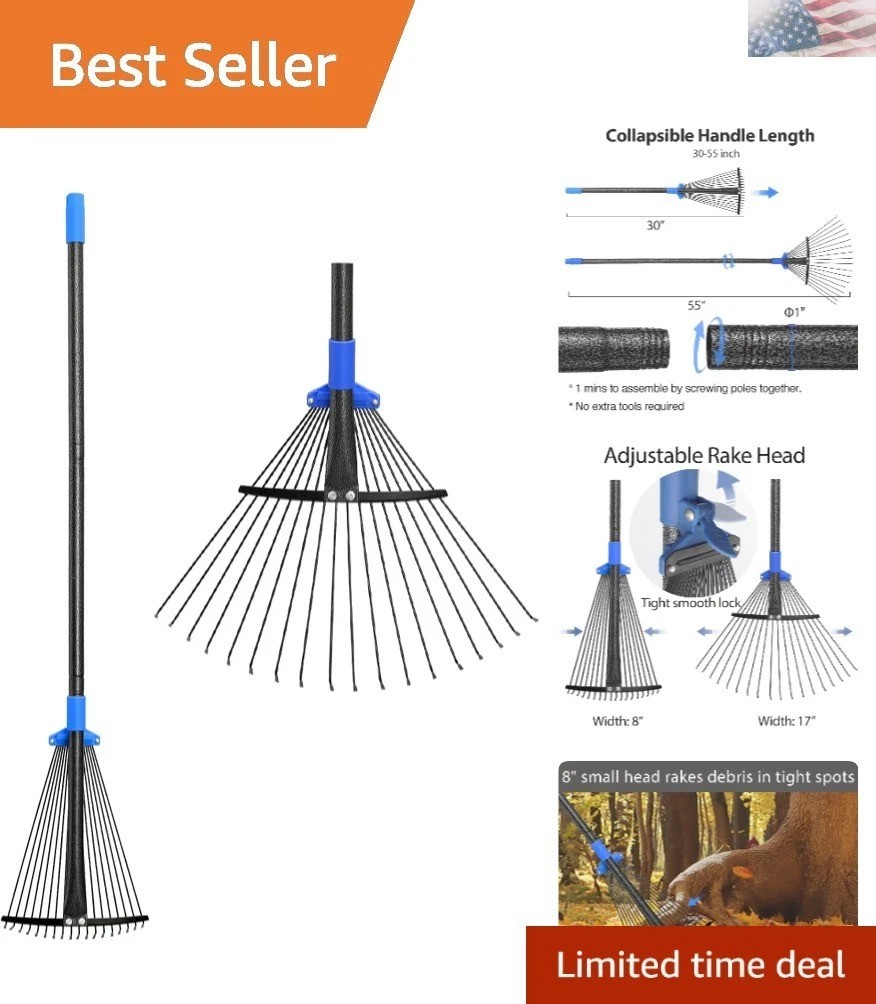 Versatile Garden Rake with Expandable Head - Comfortably Rakes Leaves Anywhere