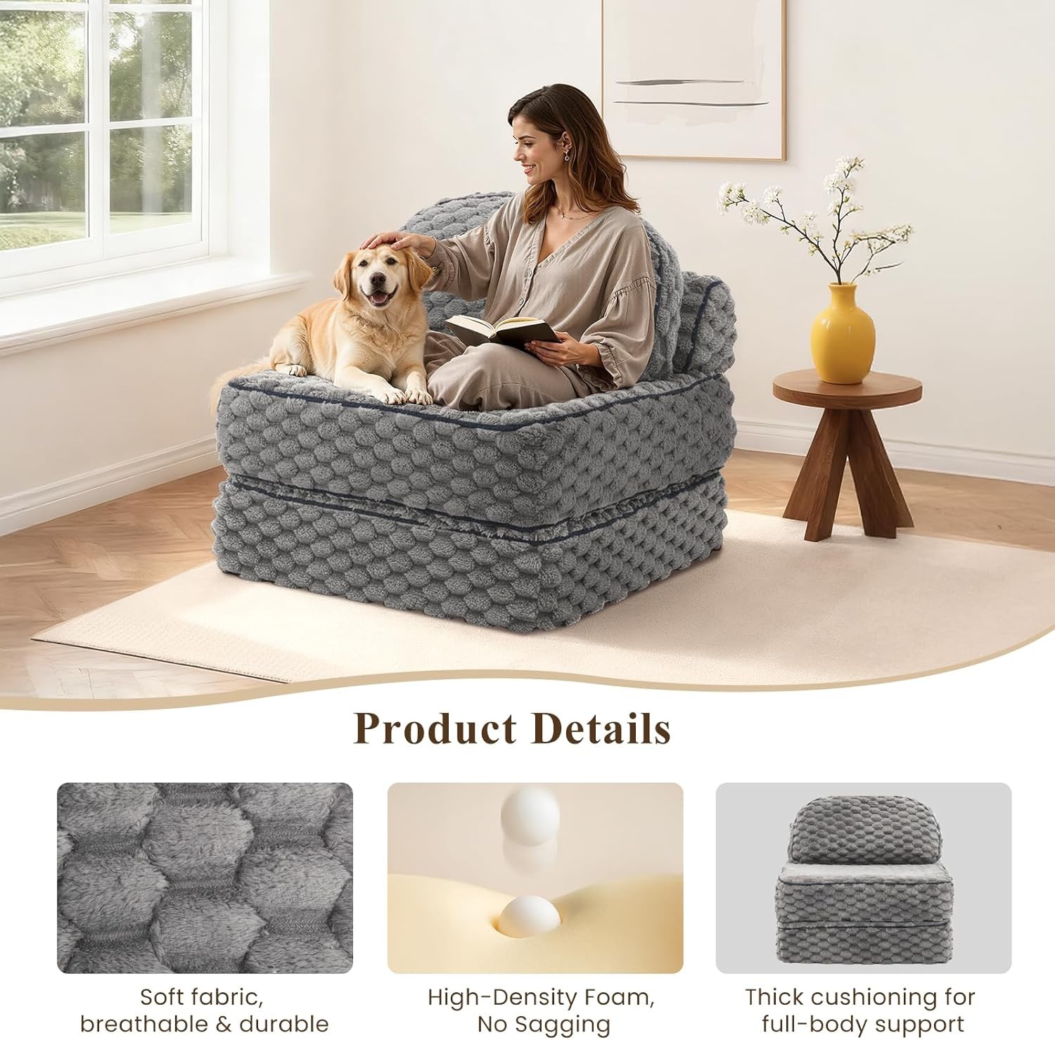 Folding Sofa Bed 3-in-1 Convertible Sleeper Chairs W/ Pillow,Back Support Fuzzy