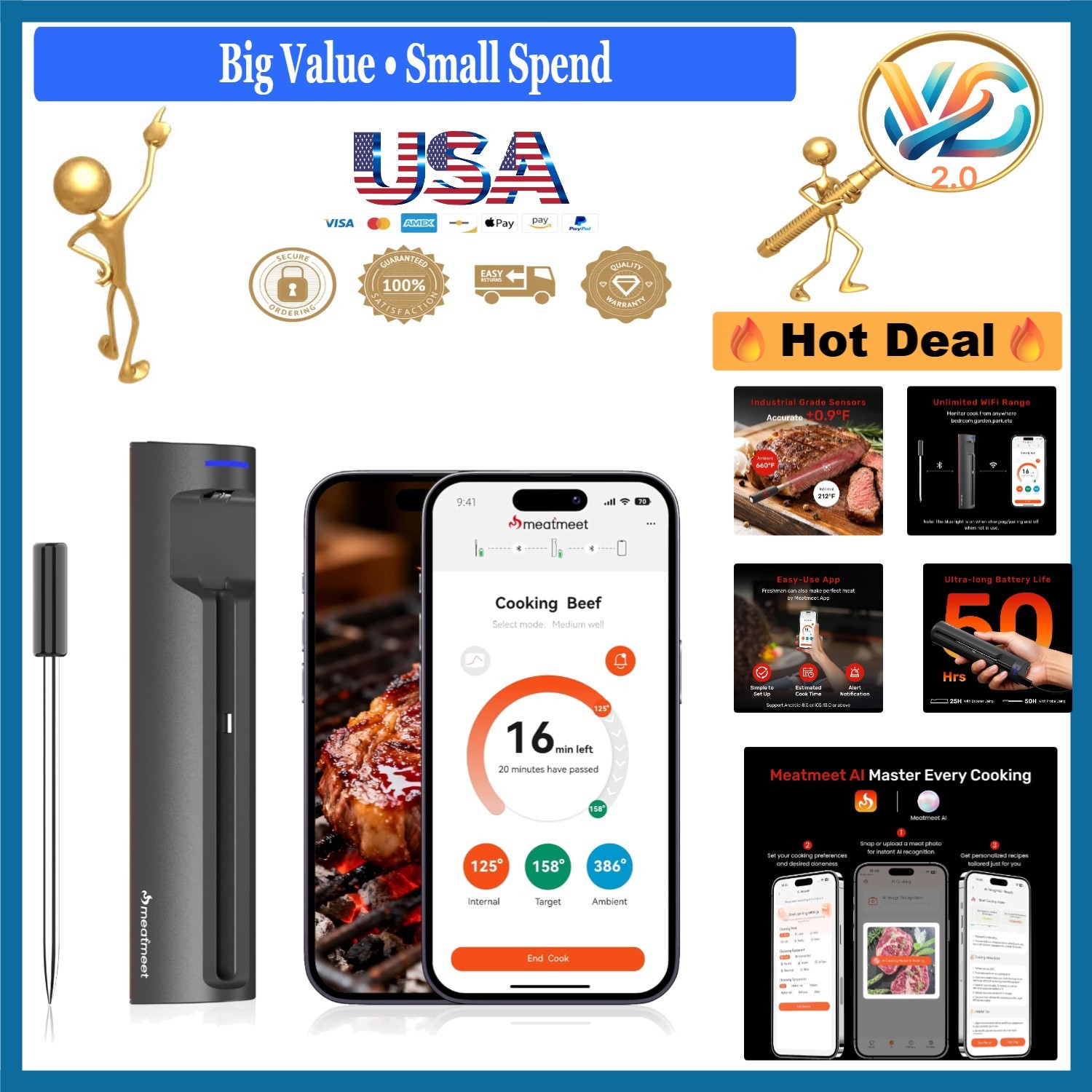 Wireless Meat Thermometer AI WiFi Bluetooth Digital  Waterproof Pro