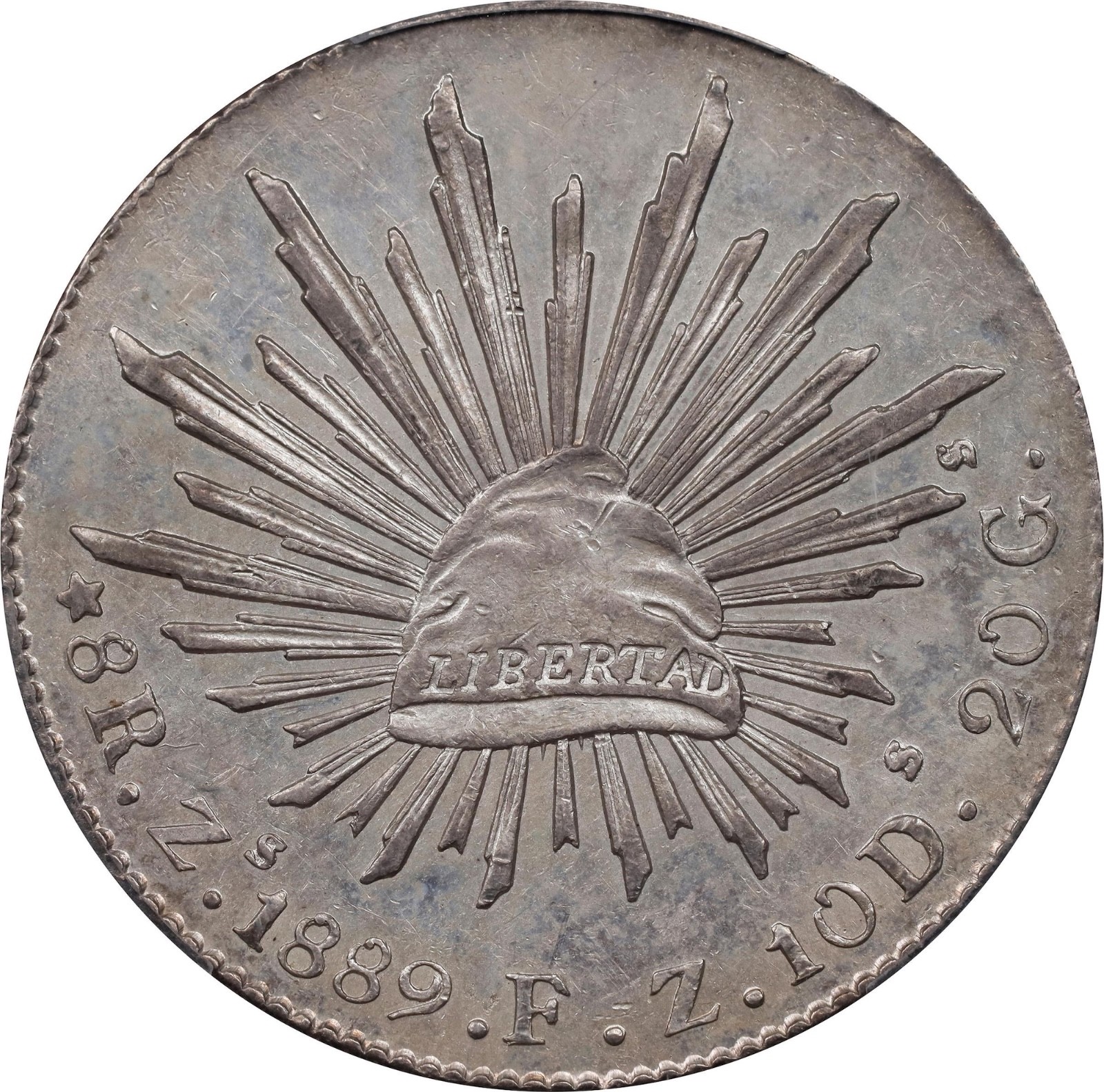 MEXICO ZACATECAS MINT  1889-ZsFZ  8 REALES SILVER COIN PCGS CERTIFIED UNC. DET