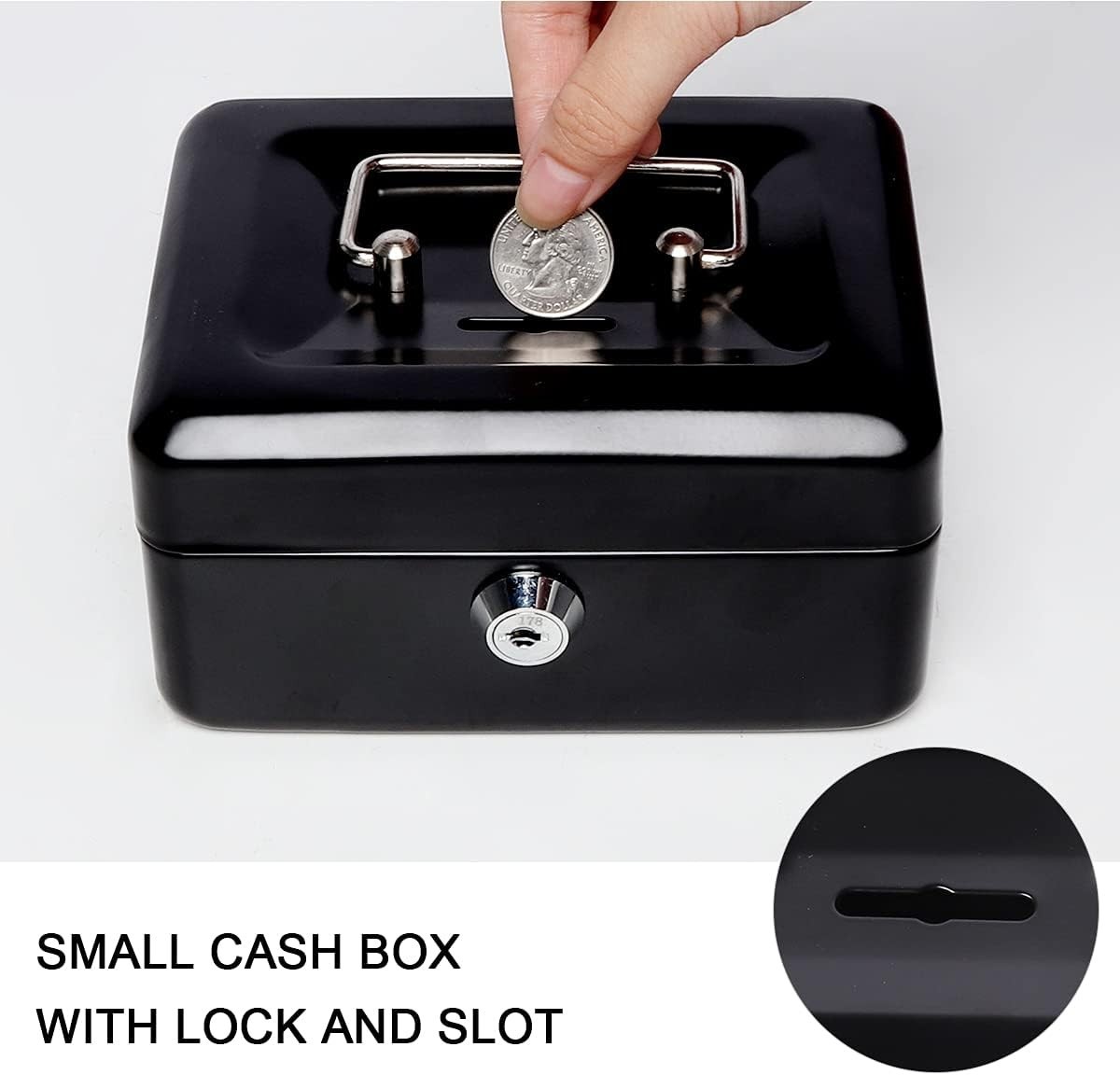 Small Lock Cash Box, Metal Lock Boxes for Kids, Money Box with Slot on Top, B...