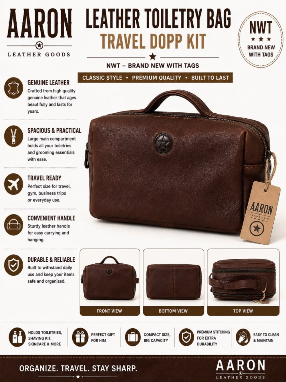 NWT Aaron Leather Goods Brown Leather Toiletry Bag Zip Case