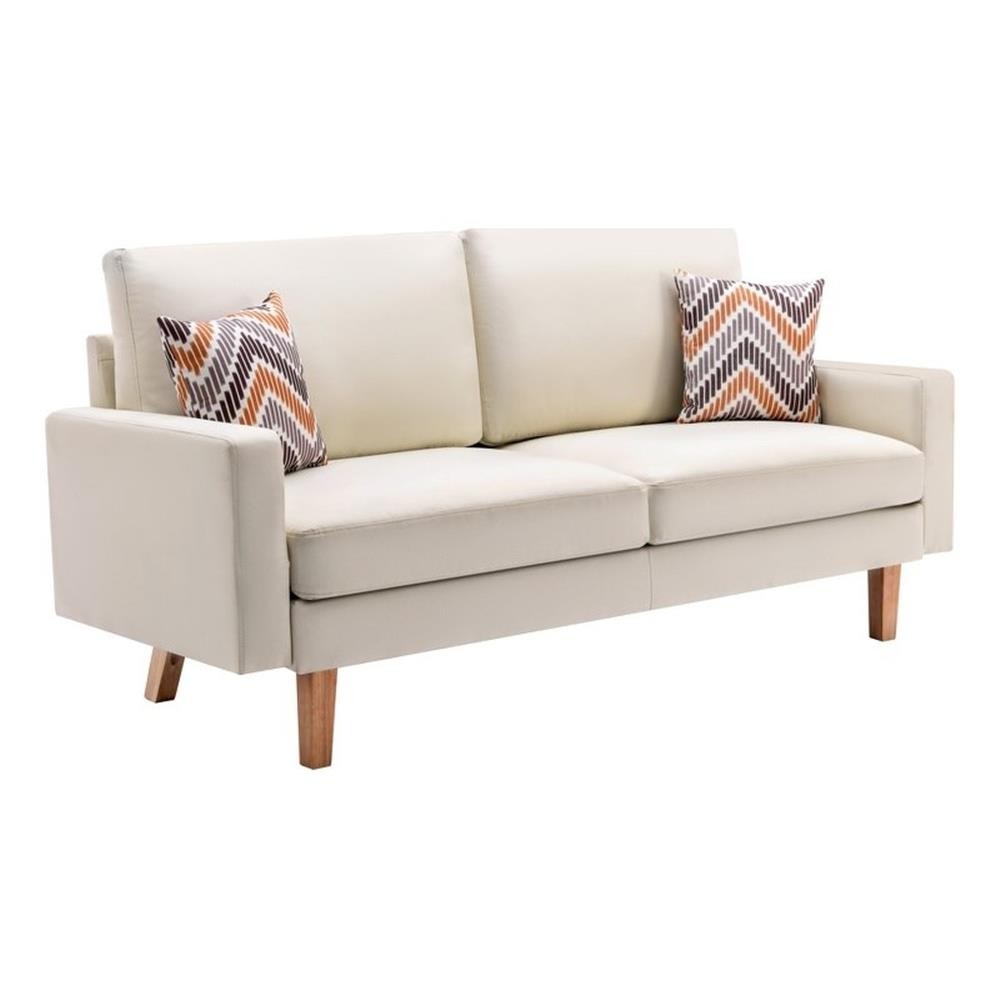 Bahamas Beige Linen Fabric Sofa with Square Arms and 2 Throw Pillows