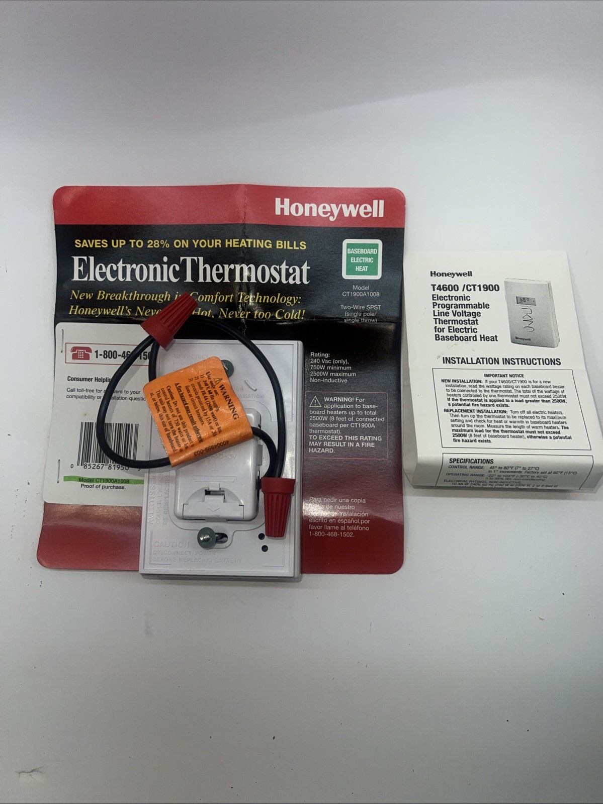 Honeywell CT1900A1008 Two-wire Single Pole/ Single Throw Electronic Thermostat