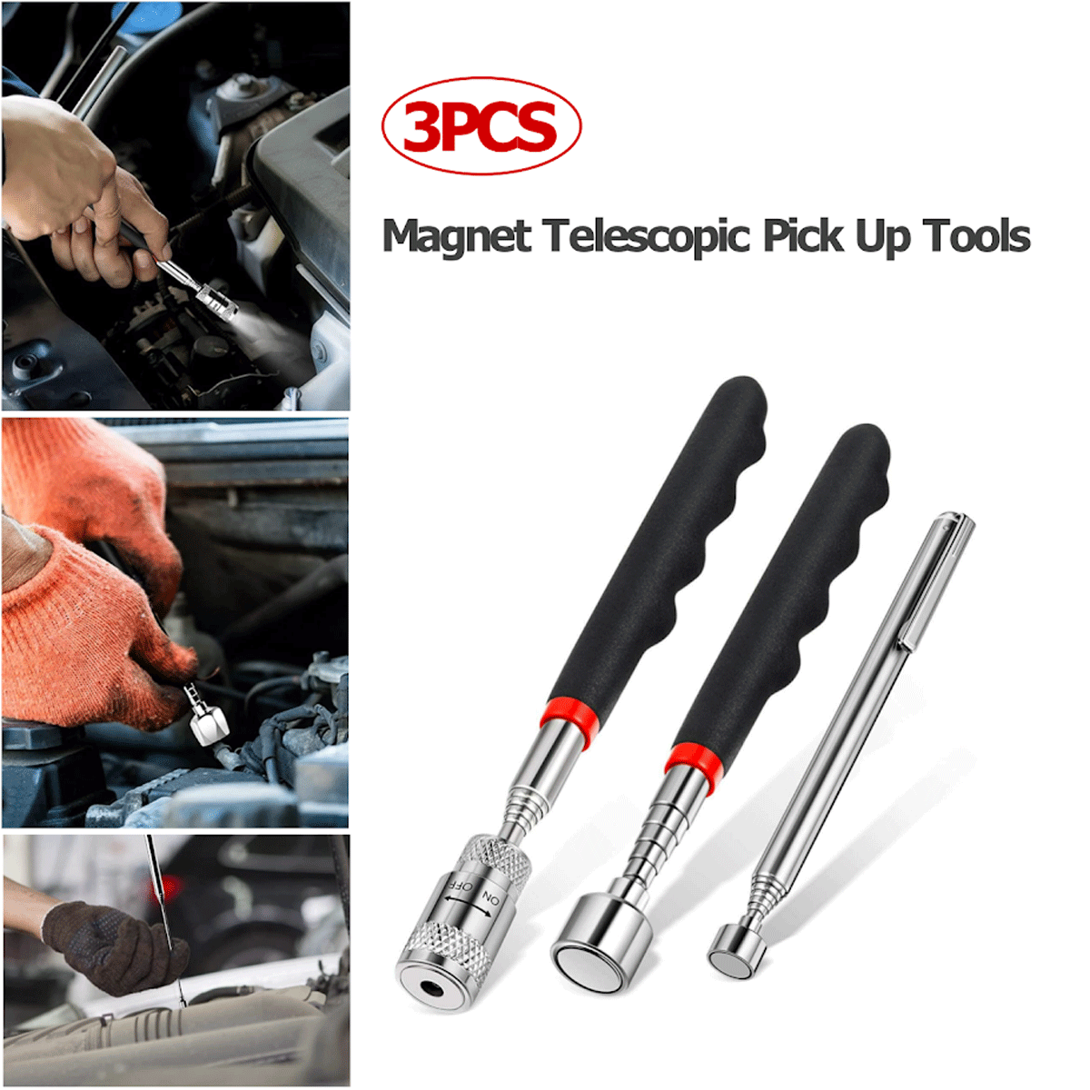 3pcs Magnet Pickup Tool Stick Telescoping Include 8 lb LED Light Grabber Extend