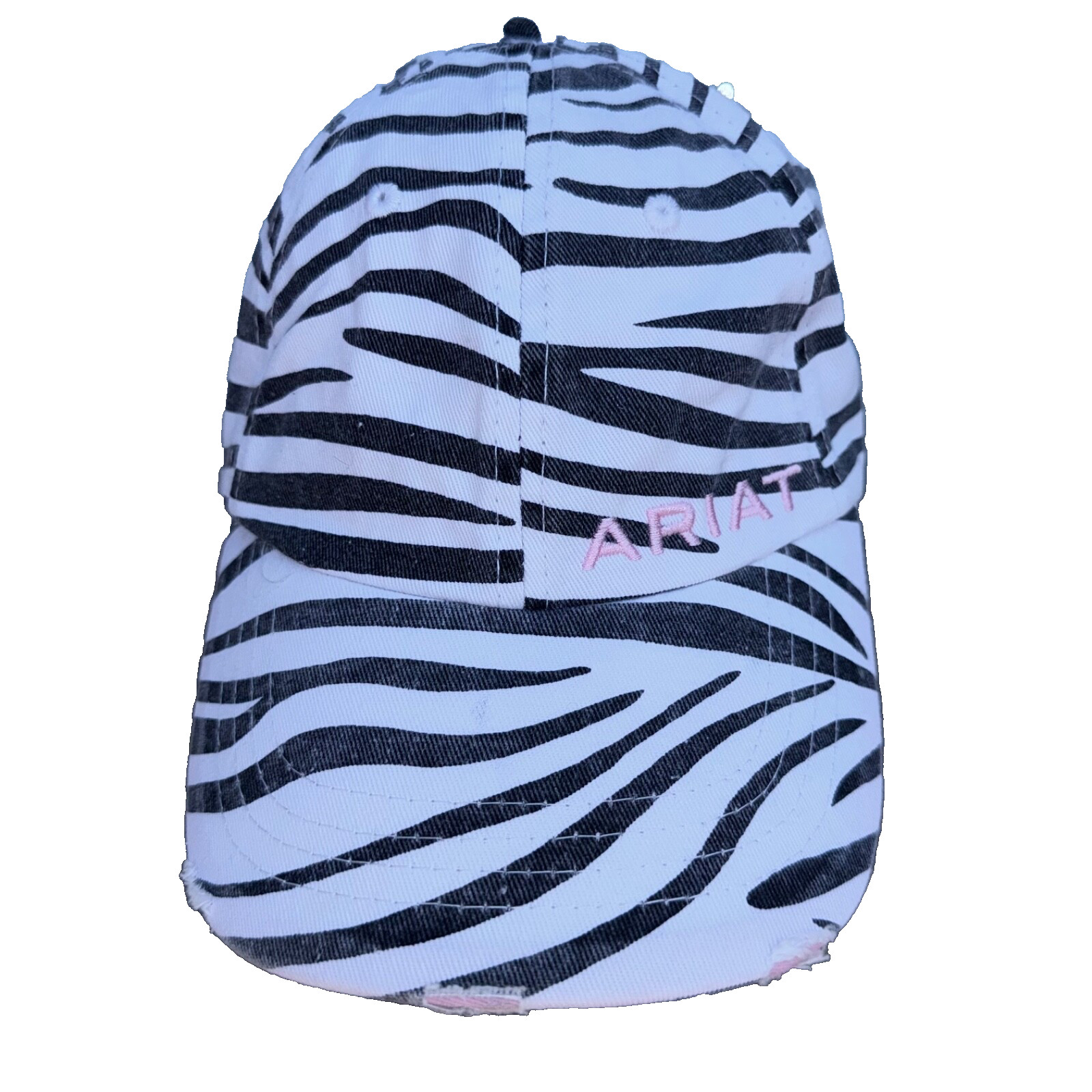Ariat Pink on Zebra Black White Distressed Cotton Hat Cap Pink Logoback HookLoop
