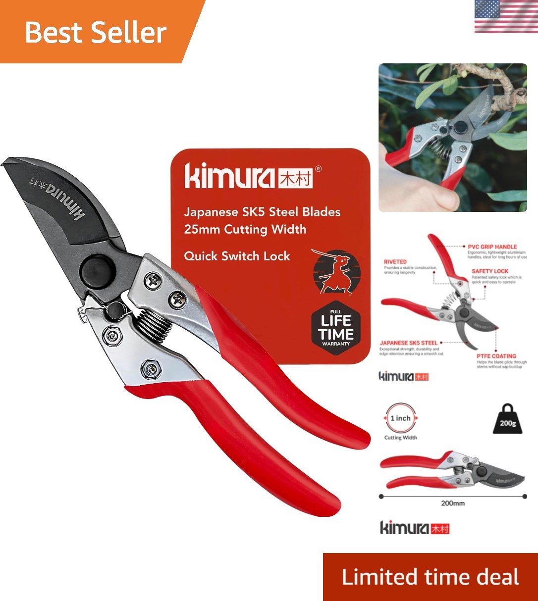 8" Pro Bypass Pruning Shears, Heavy Duty Japanese SK5 Steel Blades, 1 inch Cu...