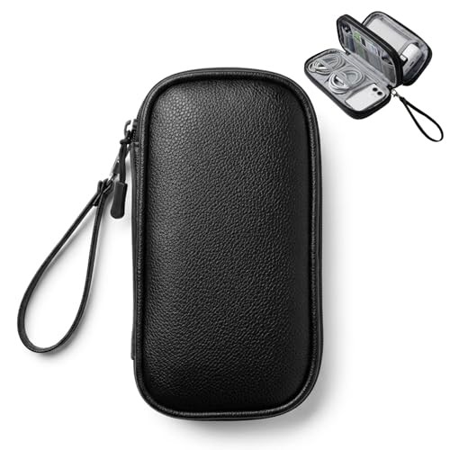 Leather Electronic Organizer Bag, Waterproof Travel Tech Pouch for Small Black