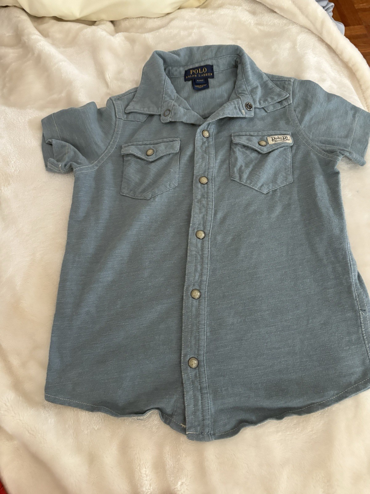 Polo Ralph Lauren 4T Toddler Boys Blue Knit Shirt Pockets Faux Pearl Snap Front