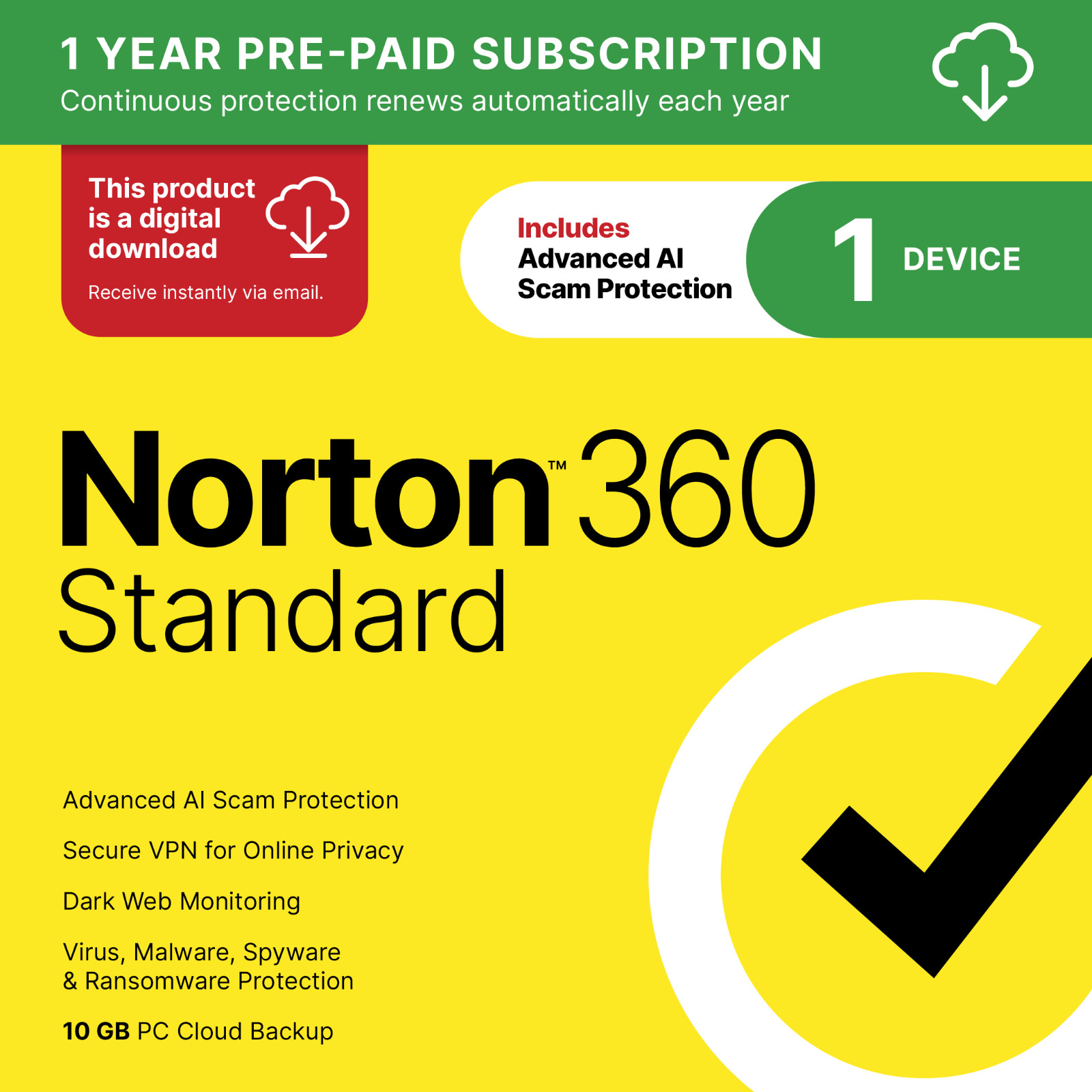 Norton 360 Standard 2026 | 1 Device | Digital Download Code Sent by Email