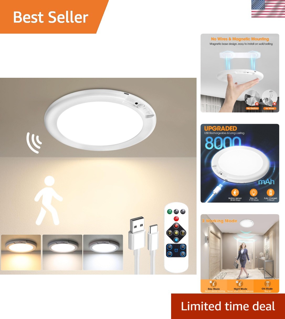 Rechargeable Motion Sensor Ceiling Light with Remote - Magnetic Wireless Ceil...
