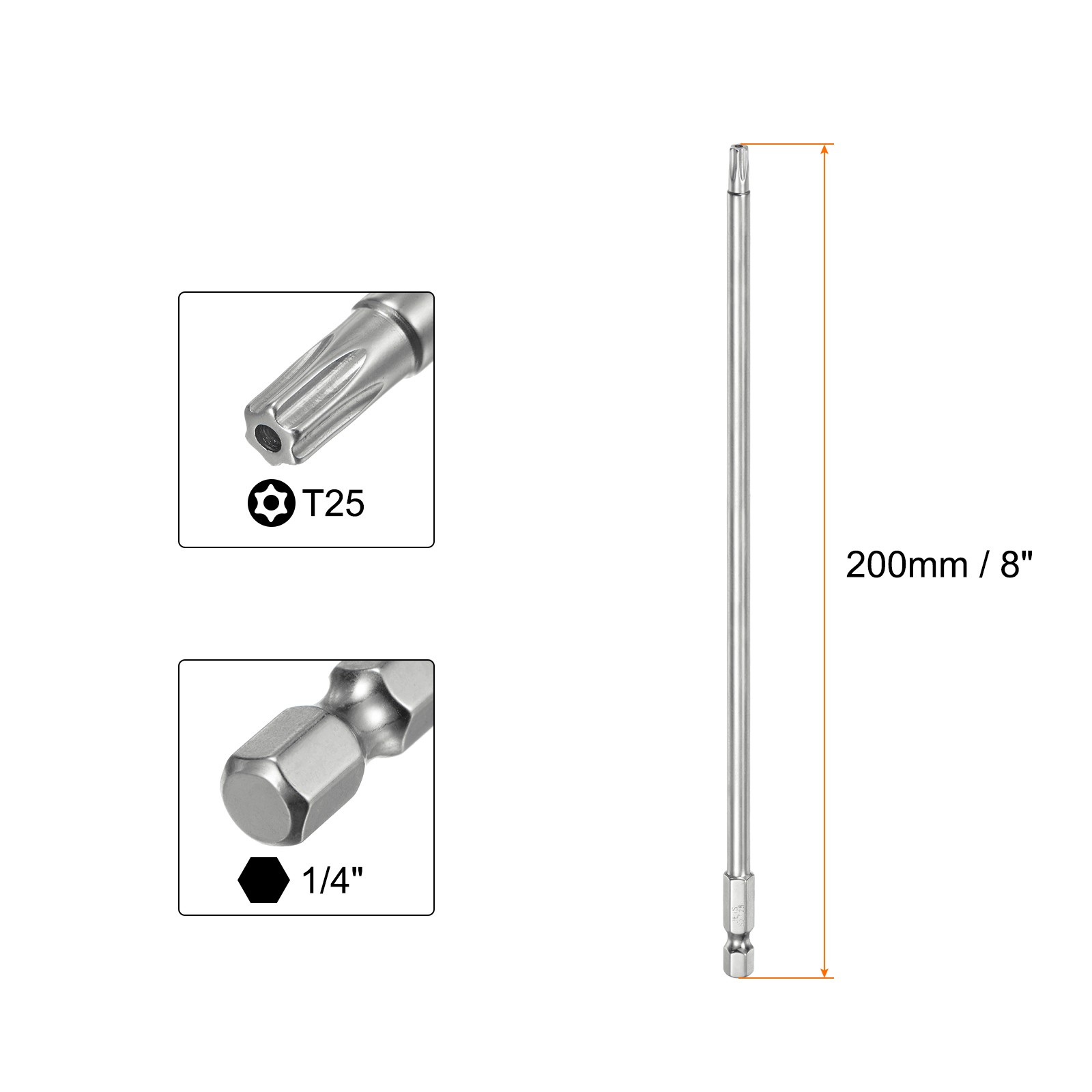 5pcs T25 Security Torx Bit 1/4" Hex Shank 8" S2 Steel for Driver Drill Bits