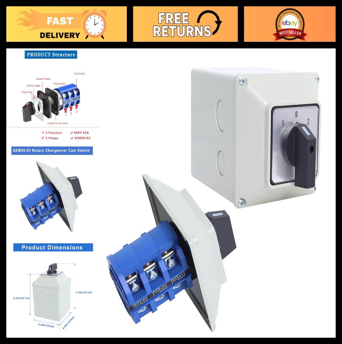 63A Rotary Changeover Cam Switch, 3 Position 3 Phase Selector, 660V Wiring Box